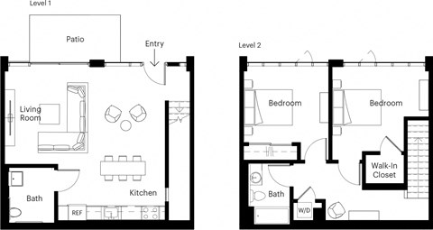 A floor plan of a two-story house with a living room, kitchen, bath, and bedrooms.